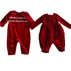 Lot of 2 Isobella & Chloe Red Velvet Ruffle Rompers 12 Months